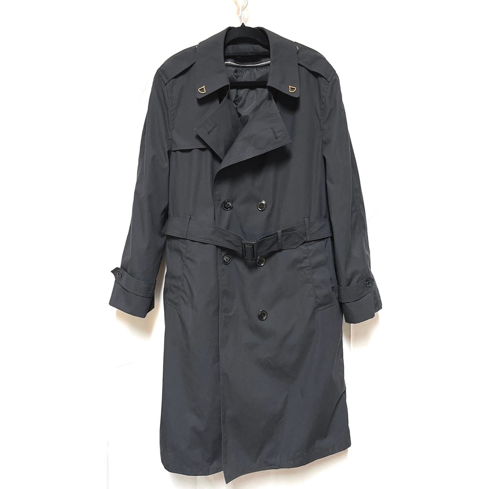 Military-inspired Black Trench Coat Overcoat Raincoat Zip Liner Belted Goth  42R